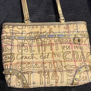 Coach Beige and Gold Signature Shoulder Bag